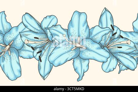 Nahtloses horizontales Rahmenelement der blauen Lilienblüten. Handgezeichnete Konturlinien und Konturen Stock Vektor