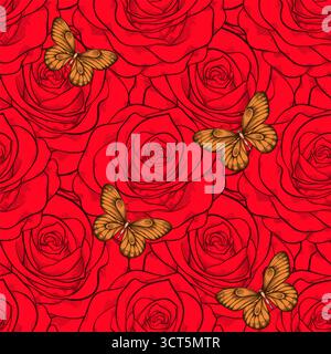 Wunderschöner nahtloser Hintergrund mit Schmetterlingen und Rosen Stock Vektor