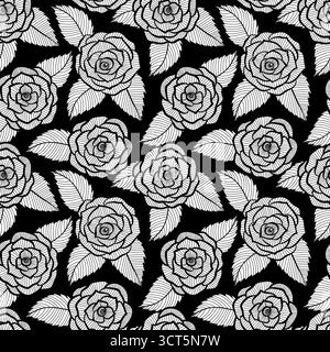 Wunderschönes nahtloses Schwarz-weiß-Muster in Rosen- und Blattspitze. Handgezeichnete Konturlinien und Konturen. Stock Vektor