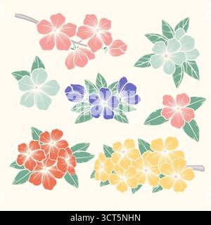 Vektorblumen Set. Bunte Blumenkollektion mit Blättern und Blumen, Handzeichnung Vintage. Frühlings- oder Sommerdesign für Einladung, Hochzeit oder Begrüßung Stock Vektor