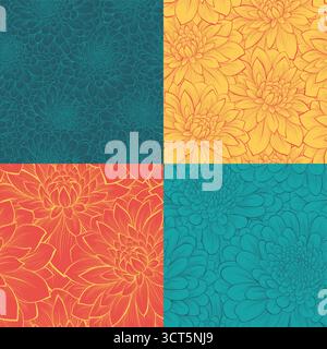 Set aus wunderschönem, nahtlosem Muster mit Blumen. Handgezeichnete Konturlinien und Konturen. . Stock Vektor