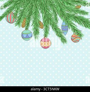 Hintergrund mit Weihnachtskugeln, die an einem Weihnachtsbaumzweig hängen. Stock Vektor