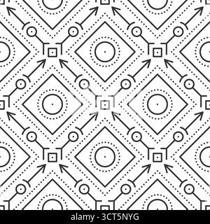 Geometrische nahtlose Musteranordnung mit Quadraten, Kreisen, Pfeilen und linearen Elementen. Minimalistische schwarze Strichgrafik, unendlich komplizierter abstrakter Hintergrund mit sich wiederholenden Details und dekorativen Formen Stock Vektor
