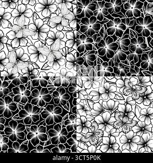 Set aus wunderschönem nahtlosen Schwarz-weiß-Hintergrund mit Blumen und Blättern. Stock Vektor