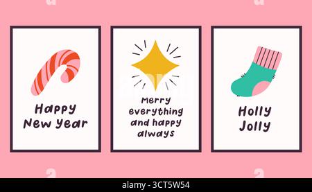 Sammlung von drei einfachen Neujahrs- und Weihnachtsplakaten. Trendige Winter Vektor Poster Set mit Zitaten. Handgezeichnete Kuschelplakate für Wohnkultur Stock Vektor