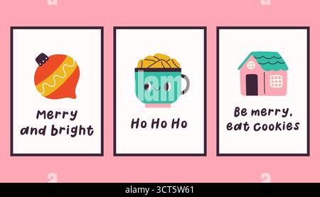 Sammlung von drei einfachen Neujahrs- und Weihnachtsplakaten. Trendige Winter Vektor Poster Set mit Zitaten. Handgezeichnete Kuschelplakate für Wohnkultur Stock Vektor