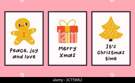 Sammlung von drei einfachen Neujahrs- und Weihnachtsplakaten. Trendige Winter Vektor Poster Set mit Zitaten. Handgezeichnete Kuschelplakate für Wohnkultur Stock Vektor