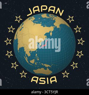 Japan auf Globe. Ländername in rundem Text. Vintage-Look mit zerkratzter Grunge-Textur. Stock Vektor