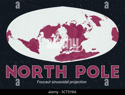 Nordpol. Weltkarte. Foucault sinusförmige Projektion zentriert zum Nordpol. Farbpalette: Blass Mint, Dunkelrosa. Vintage-Textur. Stock Vektor