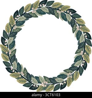 Elegante grüne Blatt-Kranz-Illustration für Einladungen, Logos und saisonale Dekorationen handgezeichneter botanischer Rahmen isoliert auf weißem Hintergrund Stock Vektor