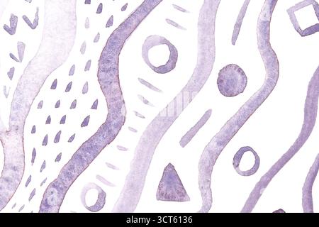 Abstraktes lila Aquarellmuster mit geometrischen Formen auf weißem Hintergrund. Stockfoto