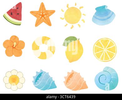 Illustration mit Wassermelone, Seestern, Zitronen und Muscheln, helle Sommerkollektion Stock Vektor