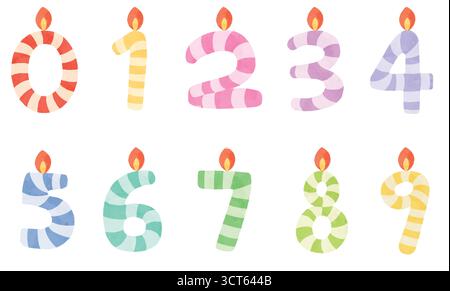 Zahl Kerzen mit Flammen – bunte Geburtstagskerze Illustration, Geburtstagskerzen mit brennenden Flammen Illustration Stock Vektor