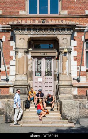 Freunde sitzen auf der Treppe von ENSI Linja 1 beim Straßenfest der Kallio Block Party 2025 im Bezirk Kallio in Helsinki, Finnland Stockfoto