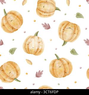 Kürbismuster mit bunten Herbstblättern. Handgezeichnete Aquarellillustration im kindlichen Halloween-Stil. Nahtloser Druck isoliert auf Hintergrund für Stockfoto