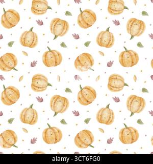 Kürbismuster mit bunten Herbstblättern. Handgezeichnete Aquarellillustration im kindlichen Halloween-Stil. Nahtloser Druck isoliert auf Hintergrund für Stockfoto
