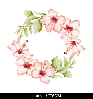 Tropische Hibiskusblüten mit Blättern und Knospen auf Zweigen Aquarellrundkranz. Handgezeichnete botanische Illustration in pastellrotem Grün und weiß Stockfoto