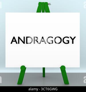 3D-Illustration eines Stativs mit dem Skript „Andragogy“ auf weißem Hintergrund. Stockfoto