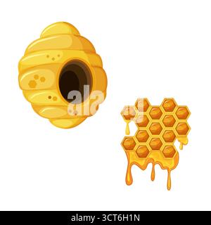 Farbenfroher gelber Bienenstock und Wabenmuster. Bienenstock-Illustration isoliert auf weißem Hintergrund. Stock Vektor