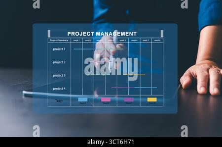 Der Projektmanager arbeitet auf einem virtuellen Bildschirm mit dem Projektmanagementsystem. Schnittstelle für Gantt-Diagramme zum Planen von Aufgaben, Planen von Meilensteinen und Verfolgen von Programmen Stockfoto