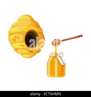 Farbenfrohe gelbe Bienenstöcke. Ein Glastopf voller Honig und ein Honiglöffel. Abbildung: Flaches Symbol für Zeichentrickfilm isoliert auf weißem Hintergrund. Stock Vektor