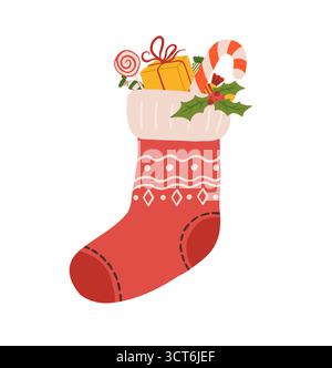 Cartoon Vintage Weihnachtsstrumpf Vektor Illustration. Weihnachtssocken mit Geschenken. Dekoration für Winterferien Stock Vektor