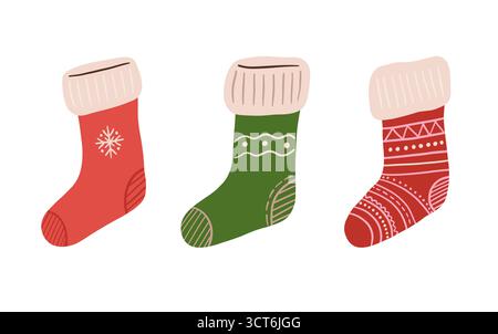 Satz von Zeichentrickfilm Vintage Weihnachtsstrumpf Vektor Illustration. Weihnachtssocken Clipart. Dekoration für Winterferien Stock Vektor
