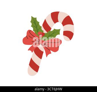 Zeichentrickfilm Weihnachtsbonbon Stock mit Schleife Vektor Illustration. Klassische Weihnachtsbonbons in Handzeichnung Stock Vektor