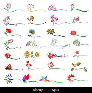 Ein großer Satz stilisierter Gartenblumen-Logos. Stock Vektor