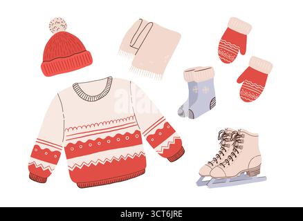 Cartoon Winterkleidung und Accessoires Vektor Illustration. Hässliche Weihnachtspullover, Fäustlinge, Schal, Socken, Hut und Schlittschuhset. Stock Vektor