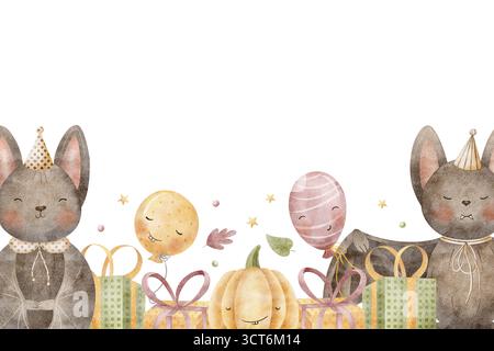 Rahmen Fledermäuse, Kürbis, Geschenke, Ballons, Herbstblätter. Handgezeichnete Aquarellillustration im kindlichen Halloween-Stil, isoliert vom Hintergrund Stockfoto