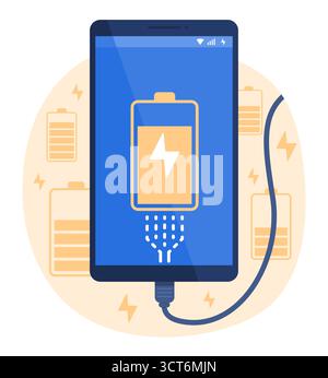 Mobiltelefon Aufladen des Akkus über USB-Kabel für Mobiltechnologie Konzept Illustration Clip Art Stock Vektor