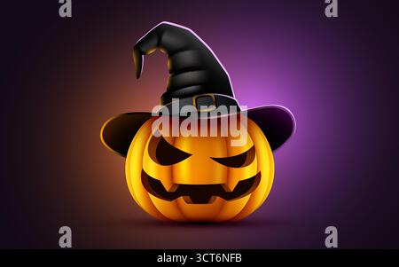 Gruseliger Halloween-Kürbis mit Hexenhut auf dunklem, verlaufendem Hintergrund mit einem leuchtenden bösen Gesicht. Vektorabbildung. Stock Vektor