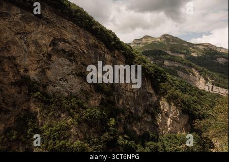 Eine Nahaufnahme einer Felswand mit Vegetation und Berggipfeln tief in einem Canyon. Der steile felsige Hang der Kaukasusschlucht, bedeckt mit dichtem Grün, Stockfoto