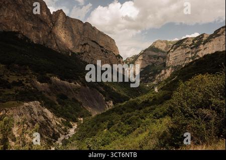 Eine Nahaufnahme einer Felswand mit Vegetation und Berggipfeln tief in einem Canyon. Der steile felsige Hang der Kaukasusschlucht, bedeckt mit dichtem Grün, Stockfoto