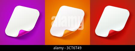 Leere gewellte Papieretiketten auf lebendigem Hintergrund. Drei leere Klebeetiketten für Text oder Werbeaktionen. Vektorabbildung. Stock Vektor