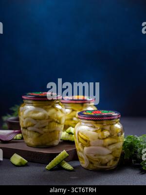Gurken- und Zwiebelscheiben werden in Glasgläsern auf einem hölzernen Schneidebrett aufbewahrt, umgeben von frischem Dill, geschnittener Gurke und roten Zwiebeln gegen eine dunkle Farbe Stockfoto