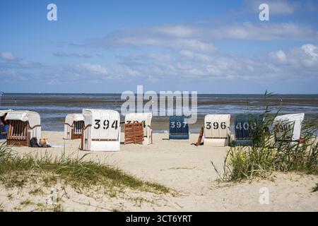 Dünenszene mit nummerierten Liegen unter klarem Himmel, Hooksiel, Friesland, Wangerland, Niedersachsen, Deutschland Stockfoto