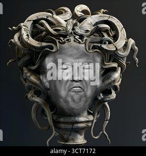 Symbolisches Image, Trump auf dämonischer Rache, Verfolgung aller Gegner, Autokratie, Militär gegen US-Bürger, US-Demokratie in Gefahr, EU und Ger Stockfoto