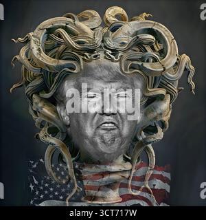 Symbolisches Image, Trump auf dämonischer Rache, Verfolgung aller Gegner, Autokratie, Militär gegen US-Bürger, US-Demokratie in Gefahr, EU und Ger Stockfoto