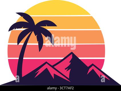 Ein farbenfrohes Logo bei Sonnenuntergang mit Palme und Bergen, ideal für eine Reisemarke oder ein tropisches Resort Stock Vektor