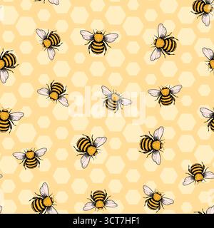 Nahtloses Muster mit Bienen. Kleine Wespe. Vektorabbildung. Design für Einladung, Karten, Textil, Stoff. Doodle-STYLE Stock Vektor