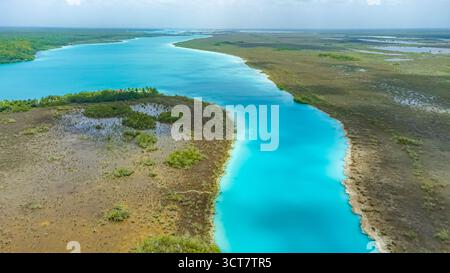 Bacalar, Mexiko, Quintana Roo, Blue River fließt durch eine üppige grüne Landschaft. Das Wasser ist ruhig und klar und die umliegende Vegetation ist lebhaft Stockfoto