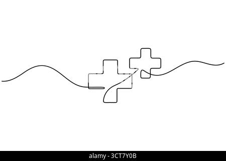 Medizinisches Kreuz und Herzschlag kontinuierliche Linie Zeichnung Healthcare Konzept minimalistisches Design Stock Vektor