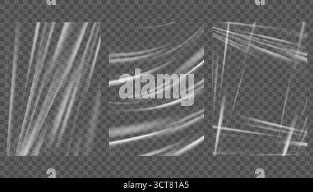 Gewickelte Kunststofffolie mit transparentem Effekt. Strukturierter Hintergrund aus Vinylfolie mit Falten. Vektor-pvc-verformtes Material für Poster und Banner Stock Vektor
