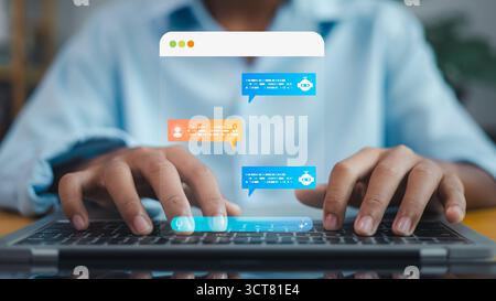 Benutzereingabe auf einem Laptop mit virtueller Chatbot-Konversationsschnittstelle, KI-Assistentechnologie, digitaler Kommunikation, Kundendienstautomatisierung und AR Stockfoto