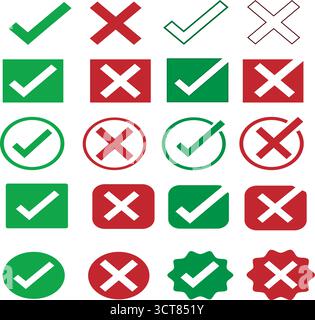 Grüne Häkchen und rote Kreuz-Symbole gesetzt – Genehmigungs- und Ablehnungssymbole in abgewickelter Bauweise Stock Vektor