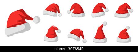Set mit roten Weihnachtsmannshüten isoliert auf weißem Hintergrund. Handgezeichnete einfache Weihnachtsmützen Stock Vektor