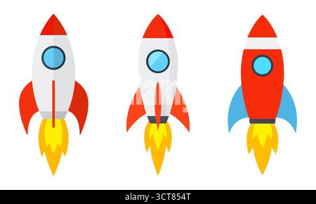 Raketensymbole gesetzt. Symbol für den Start des Raumschiffs. Vektor. Stock Vektor