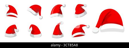 Set mit roten Weihnachtsmannshüten isoliert auf weißem Hintergrund. Handgezeichnete einfache Weihnachtsmützen Stock Vektor
